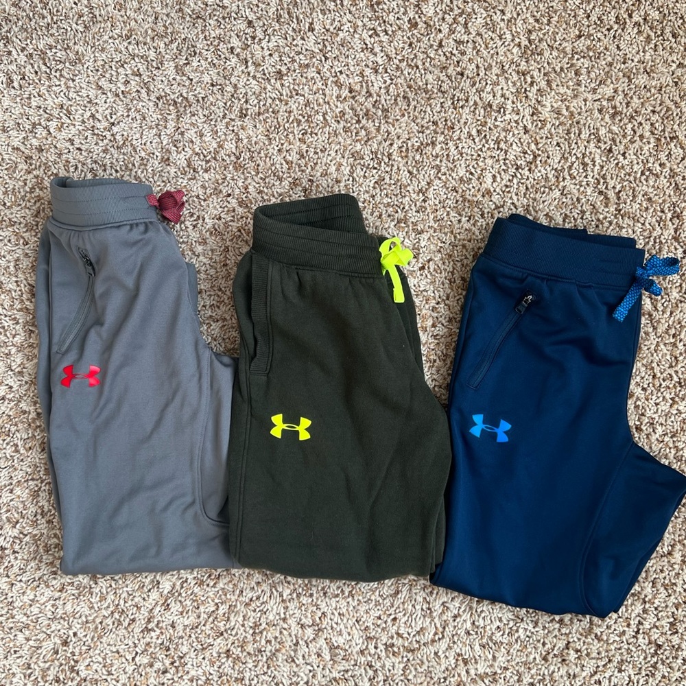 Boys Under Armour Navy Green Gray Joggers Youth Small Loose Drawstring Lot Set 3